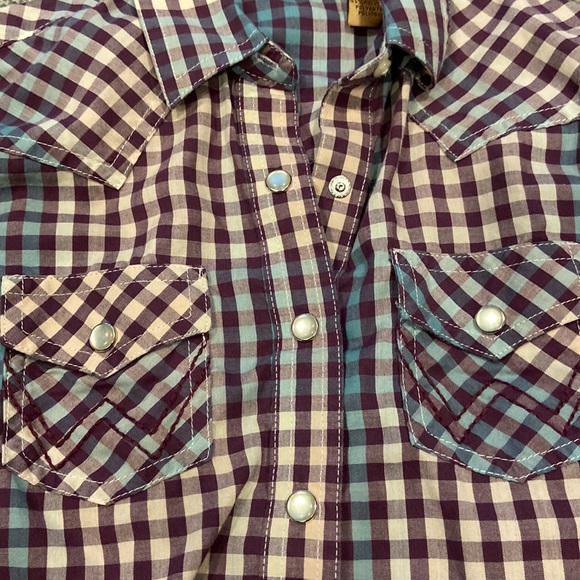 Wrangler medium pearl snap long sleeve-burgundy, teal, cream combo 💕cowboy - Picture 3 of 7